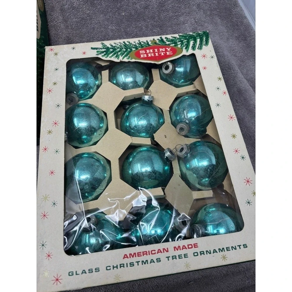 Shiny Brite Glass Ornaments Blue Silver Vintage 12pc MCM USA Made Box Set